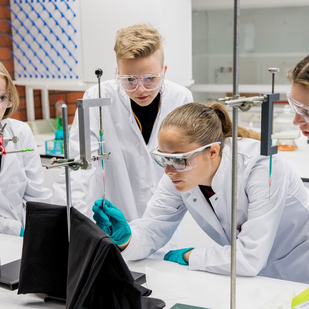 Kemian laboratorio -työpajassa opiskelijat pääsivät mm. venyttämään hämähäkkisilkkiä sen jälkeen, kun silkkiproteiini oli sopivasti tiivistynyt. (Shaking up Tech 2019, kuva: Mikko Raskinen)